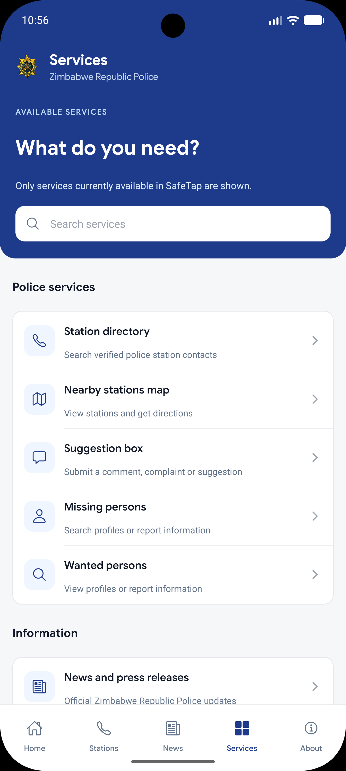 SafeTap police services screen